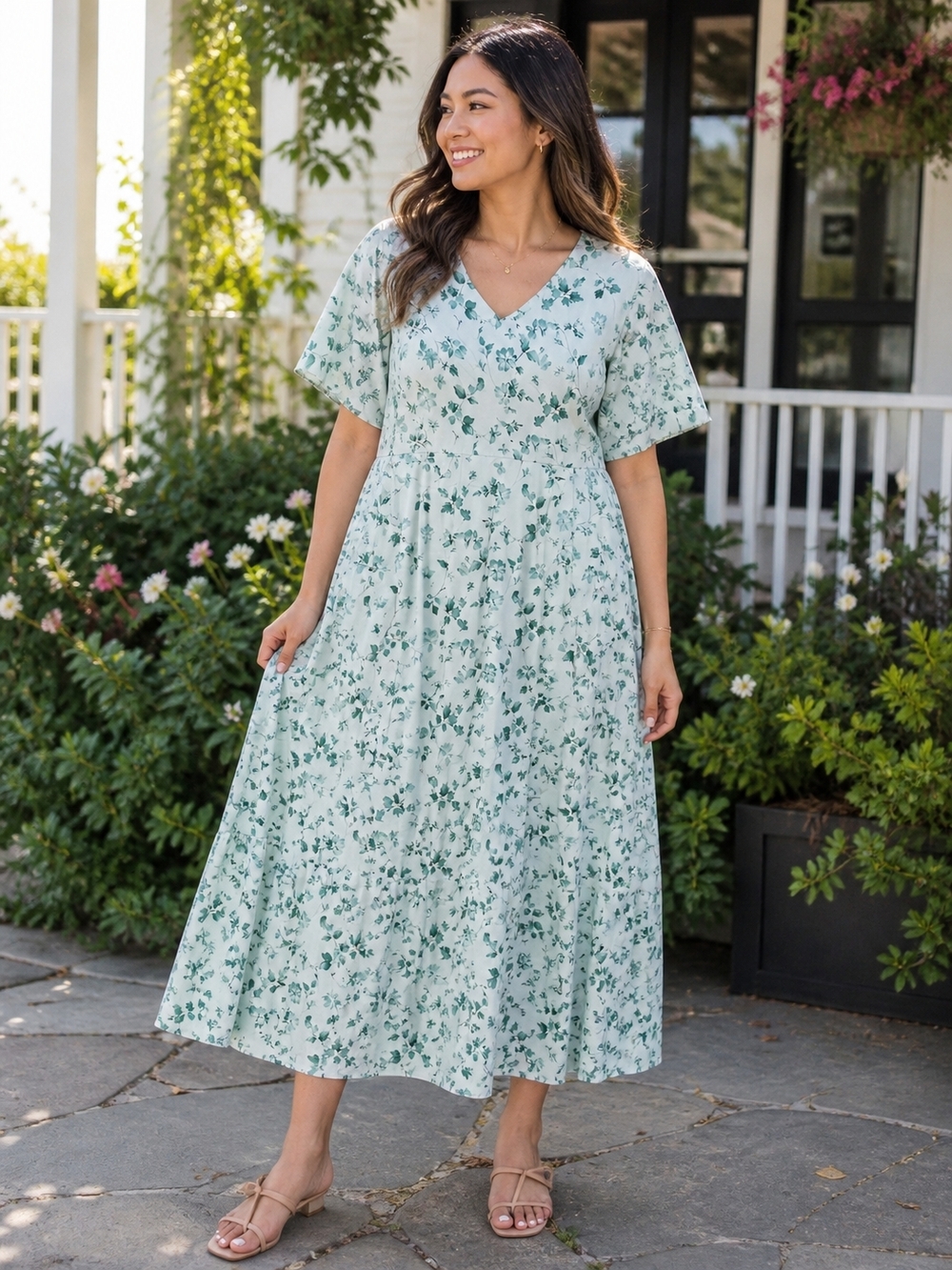 Floral V-Neck Maxi Dress in Mint Green